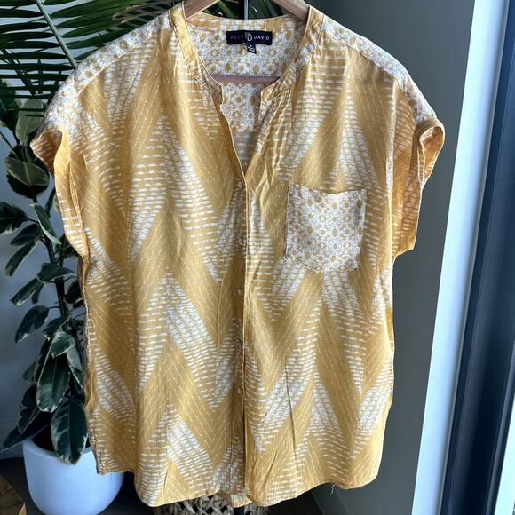 Fred David Women Yellow Chevron Print Button Top Blouse M Boho Vacation Retro - Picture 1 of 7